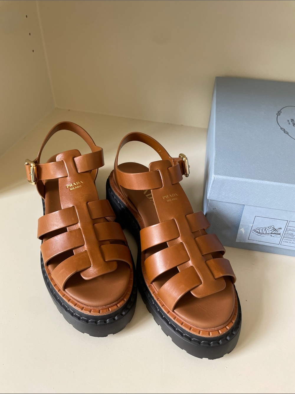 Prada Tan Leather Platform Fisherman Sandals with Black Sole